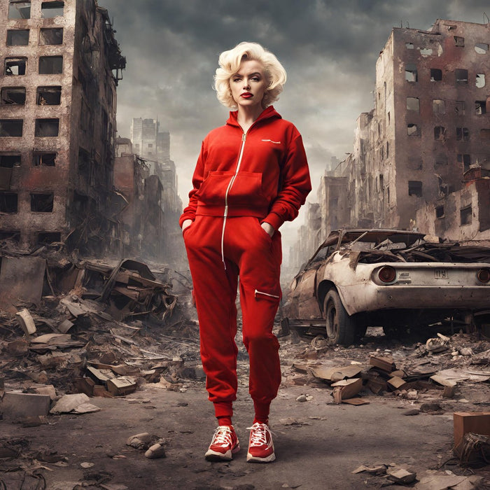 Red Velvet Apocalypse by Devour Art - Marilyn Monroe in a red tracksuit in a bombed-out street