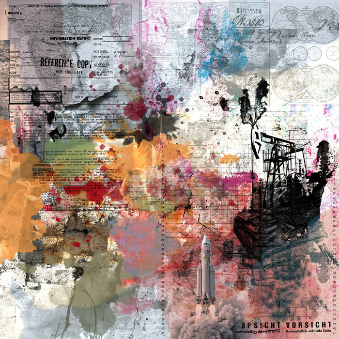 Reference Copy by Dada - a rocket launch and an oil derrick over a stamped declassified report and ink splashes