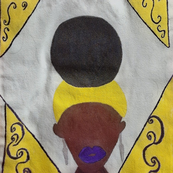 Regal by Naïve Art by YLR - a dark afro portrait with violet lips and a yellow halo on cream cloth