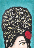 Illustration of a woman's face with song lyrics in her hair, shown on the Rehab - Nour Tohme product page.