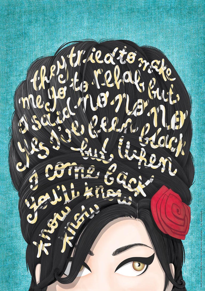 Illustration of a woman's face with song lyrics in her hair, shown on the Rehab - Nour Tohme product page.
