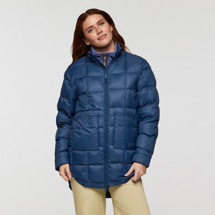 Repleto Down Long Jacket - Women's, Deep Sea, Model Caitlyn