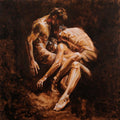 Rest by VanW - three figures in pale cloth leaning into one another on the ground in cream and ochre