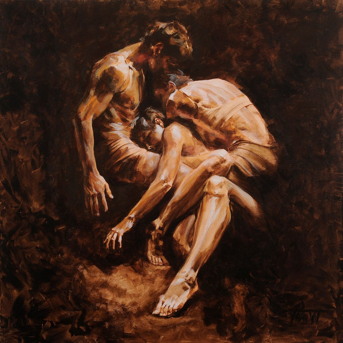 Rest by VanW - three figures in pale cloth leaning into one another on the ground in cream and ochre