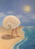Return to the sea by NeReid - spiral shell on bare legs walking across sand toward turquoise waves