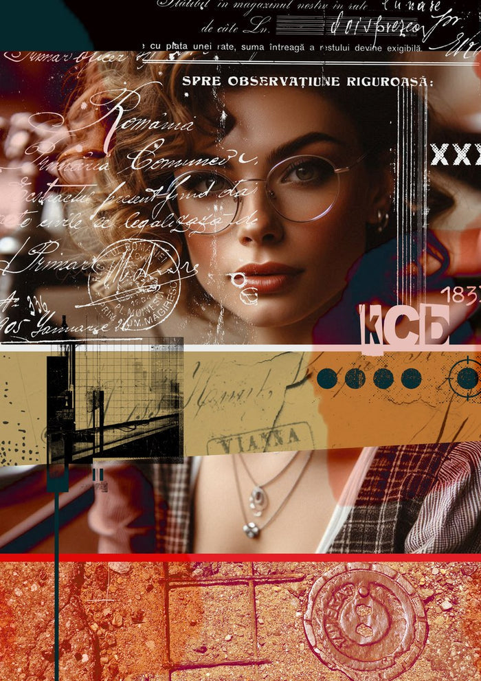 Rigorous Observation by Dada - a woman in wire-rimmed glasses layered over Romanian script and terracotta