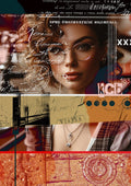 Rigorous Observation by Dada - a woman in wire-rimmed glasses layered over Romanian script and terracotta