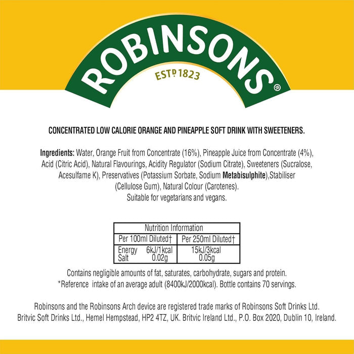 Robinsons Double Strength Orange & Pineapple Fruit Squash No Added Sugar 1750ml