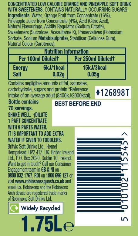 Robinsons Double Strength Orange & Pineapple Fruit Squash No Added Sugar 1750ml