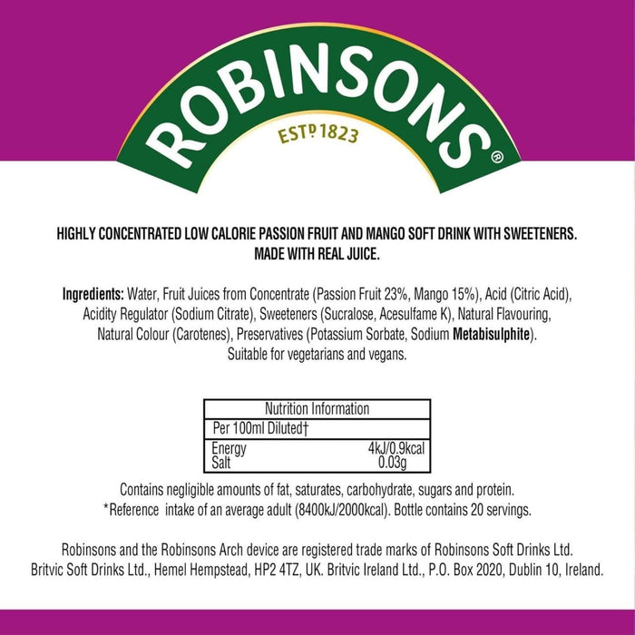 Robinsons Squash'd Mango & Passion Fruit No Added Sugar - 66Ml