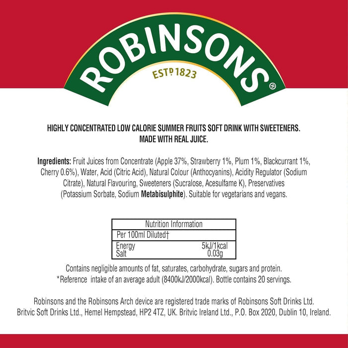 Robinsons Squash'd Summer Fruit No Added Sugar 66Ml