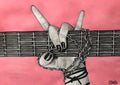 Rock On by Art By Biba - a hand throwing the horns behind a guitar fretboard in charcoal grey on salmon pink