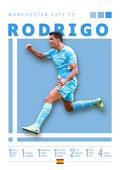Rodri in Manchester City kit mid-action, with his name and career achievements listed below.