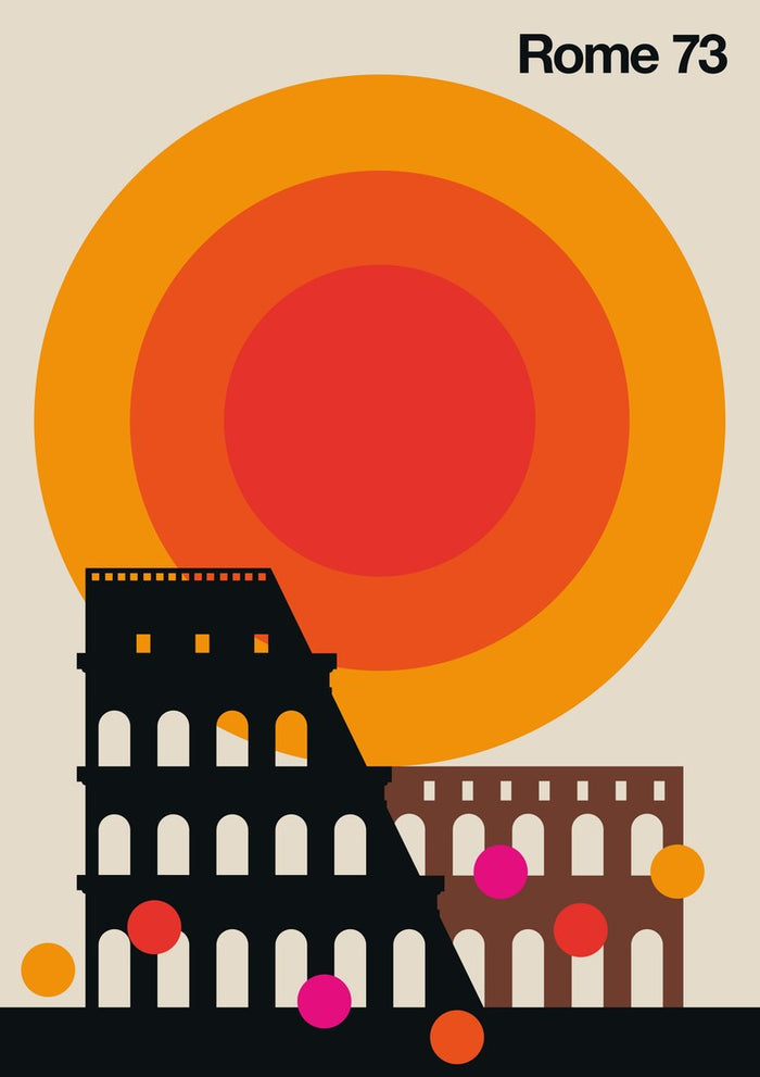 Rome 73 by Bo Lundberg - black Colosseum against a large orange and red sun