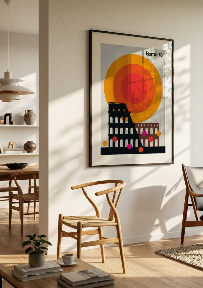 Rome 73 by Bo Lundberg in a black frame in a bright dining room with wooden chairs