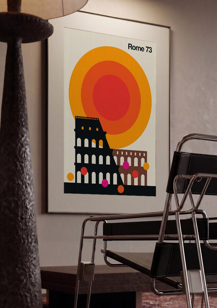 Rome 73 by Bo Lundberg framed in a dim room beside a tubular steel chair