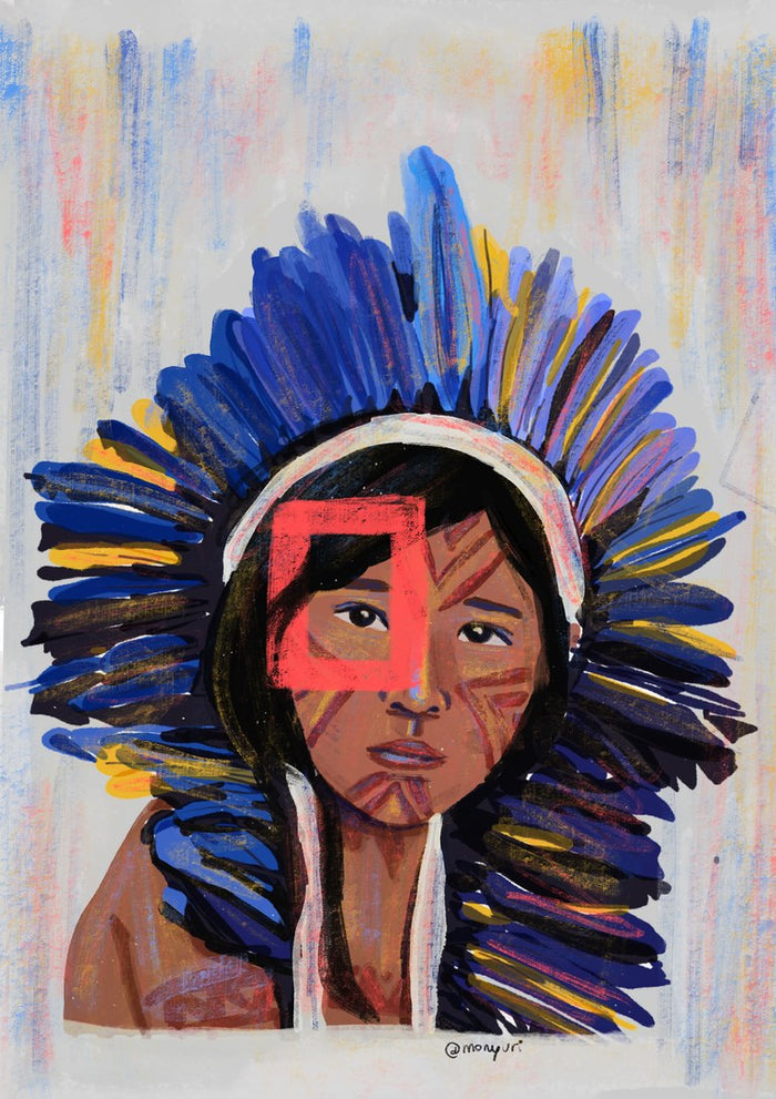 Rooted in colour by Monyuri - portrait of a young woman in a blue and violet feather headdress