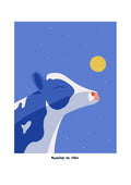 Running On Vibes by Jakob Falkenberg - a cow lifting its muzzle to a blue night sky with a yellow moon