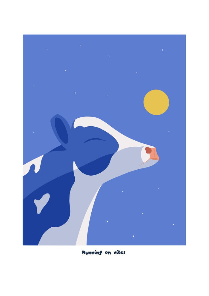 Running On Vibes by Jakob Falkenberg - a cow lifting its muzzle to a blue night sky with a yellow moon