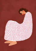 Illustration of a woman wrapped in a white, pink-dotted blanket on a brown background for Sadness - Bea Muller.
