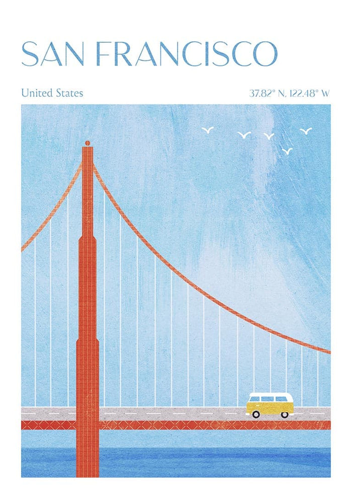 Illustration of the Golden Gate Bridge with a yellow van, titled "San Francisco" by Henry Rivers.