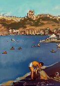 Santa Marija by Mariam De Giorgio - swimmers in a deep blue bay below a golden hillside town