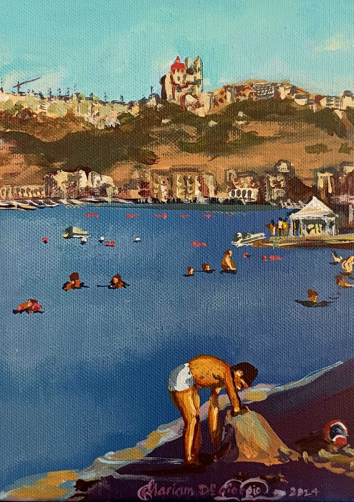 Santa Marija by Mariam De Giorgio - swimmers in a deep blue bay below a golden hillside town
