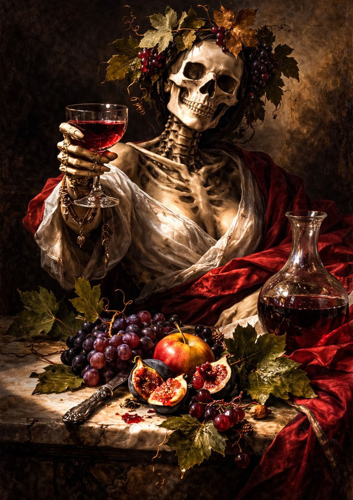 Santa Muerte, A Tribute to Caravaggio's Bacchus by Devour Art - vine-crowned skeleton raising a glass of red wine over grapes and figs