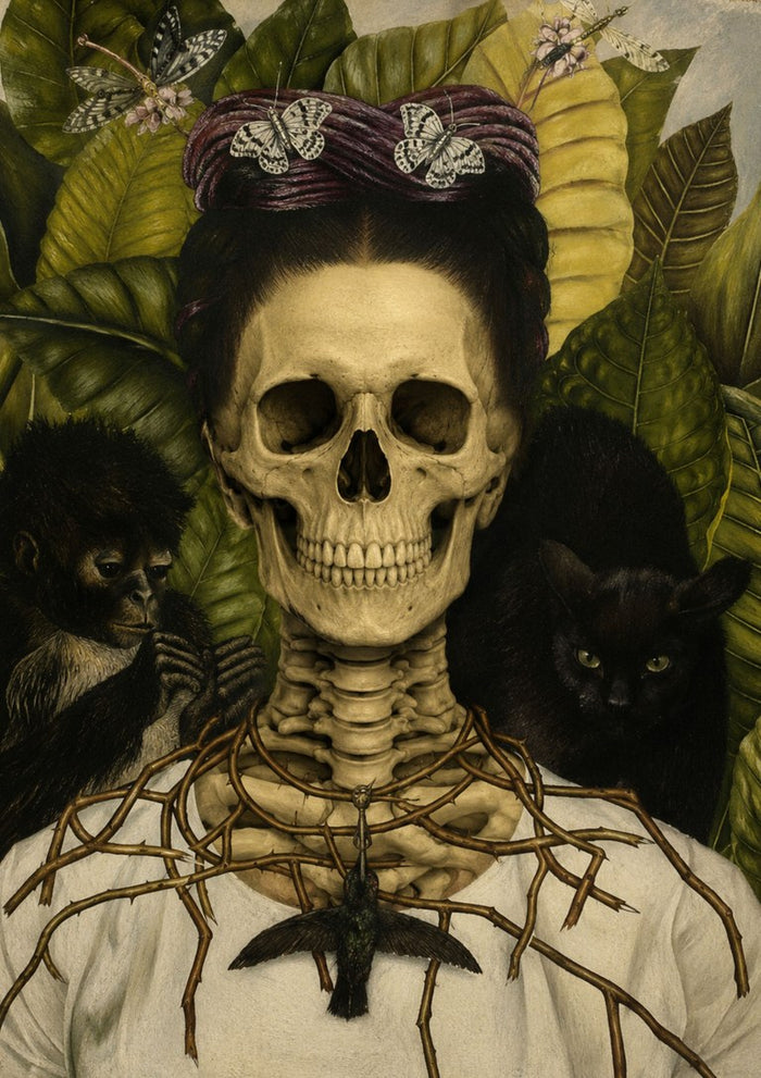 Santa Muerte, A Tribute to Frida Kahlo's Self-Portrait by Devour Art - skull with a thorn necklace and hummingbird, flanked by a monkey and a black cat