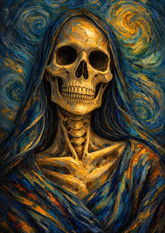 Santa Muerte, A Tribute to Van Gogh's Self-Portrait by Devour Art - golden skull in swirling blue Starry Night brushstrokes