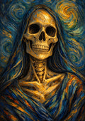 Santa Muerte, A Tribute to Van Gogh's Self-Portrait by Devour Art - golden skull in swirling blue Starry Night brushstrokes