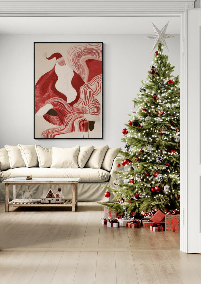 Living room with a Christmas tree, presents, and Santa's Beard artwork on the wall.