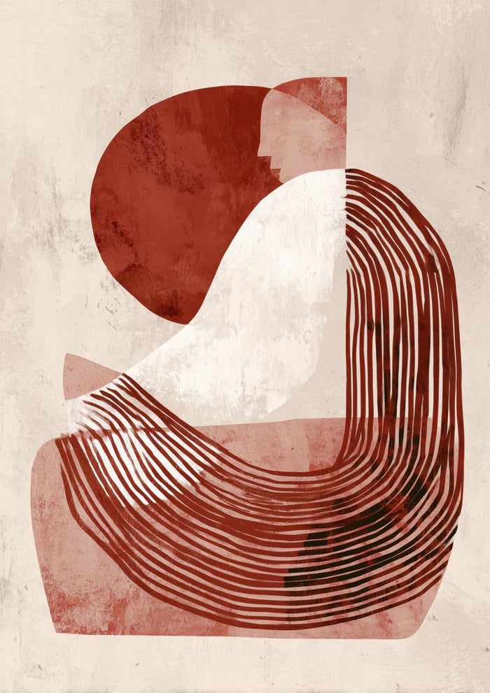 Abstract illustration of Santa's Helper in white and red tones, sitting with a curved hat on a beige background.