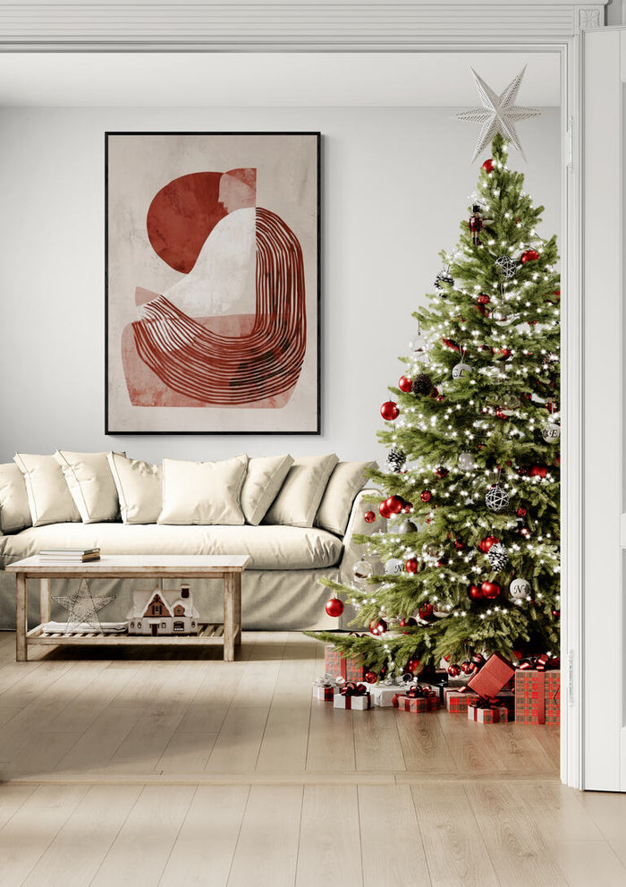 Festive living room with decorated Christmas tree, wrapped gifts, and cozy sofa for Santa's Helper product display.