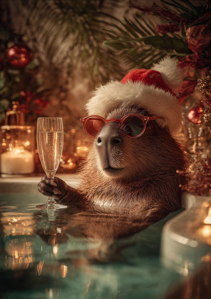 Capybara wearing a Santa hat and sunglasses relaxes in a hot tub, holding a glass of champagne, festive decor around.