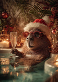 Capybara wearing a Santa hat and sunglasses relaxes in a hot tub, holding a glass of champagne, festive decor around.