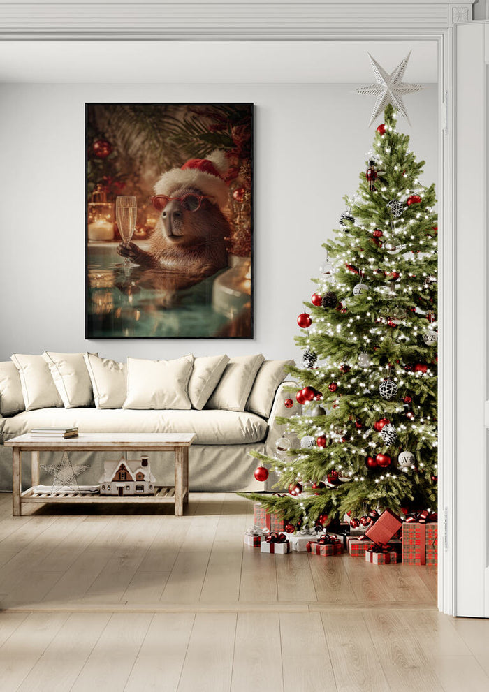 Cozy living room with Santa's Kabybara portrait, Christmas tree, and festive decorations.