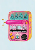 Illustration of a colorful sardines tin can labeled "Sardinas" with lemon and olive oil on a light blue background.