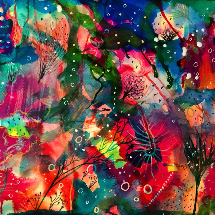 Seaside love by Debbie Seenan - red and turquoise ink abstract with drawn sea plants and bubbles