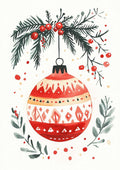 Red and gold Christmas ornament hanging from pine branches with festive berries, perfect for Season's Greetings.