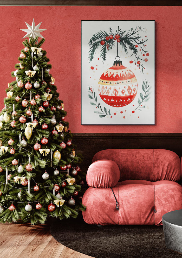 Festive living room with decorated Christmas tree, red sofa, and ornament artwork for Season's Greetings.