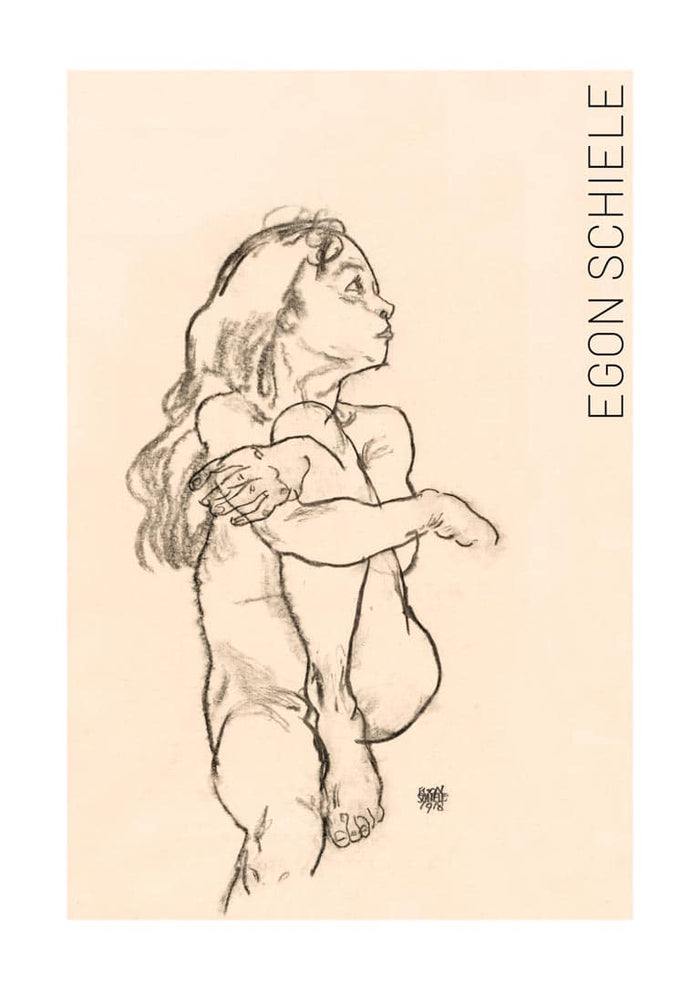 Charcoal sketch of a seated nude girl clasping her left knee, by Egon Schiele, 1918.