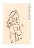 Charcoal sketch of a seated nude girl clasping her left knee, by Egon Schiele, 1918.