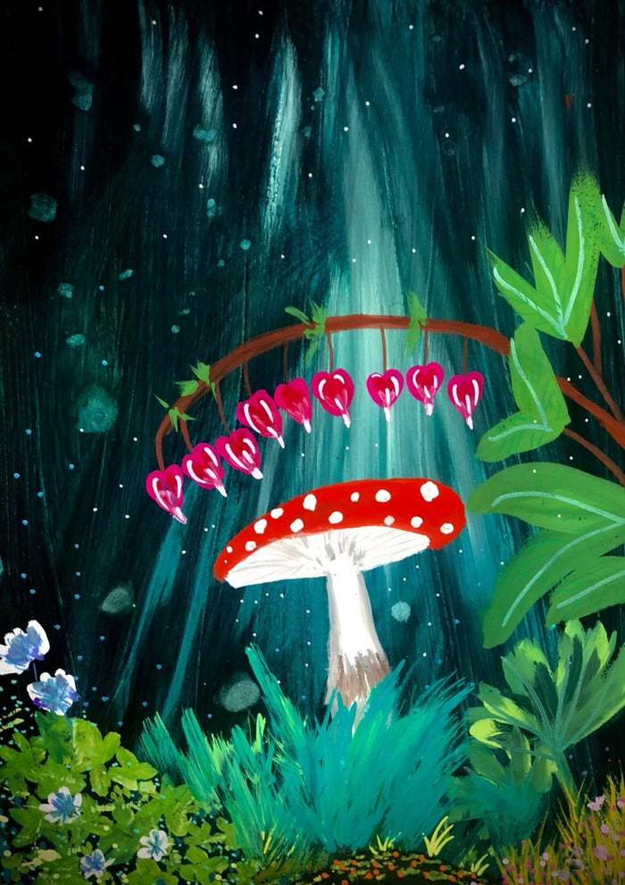 Secret Garden by Debbie Seenan - red toadstool under pink bleeding heart flowers in a teal forest