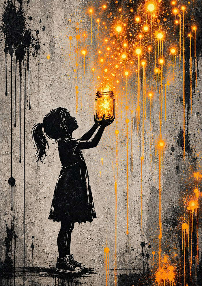 Set Them Free by Matthews Gallerie — a black stencil girl releasing glowing orange lights from a glass jar on a concrete wall
