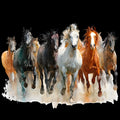 Seven Horses by Da Winters - a galloping herd coming forward out of pale watercolour spray on black