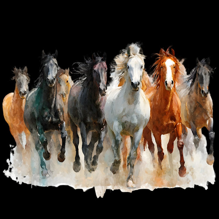 Seven Horses by Da Winters - a galloping herd coming forward out of pale watercolour spray on black