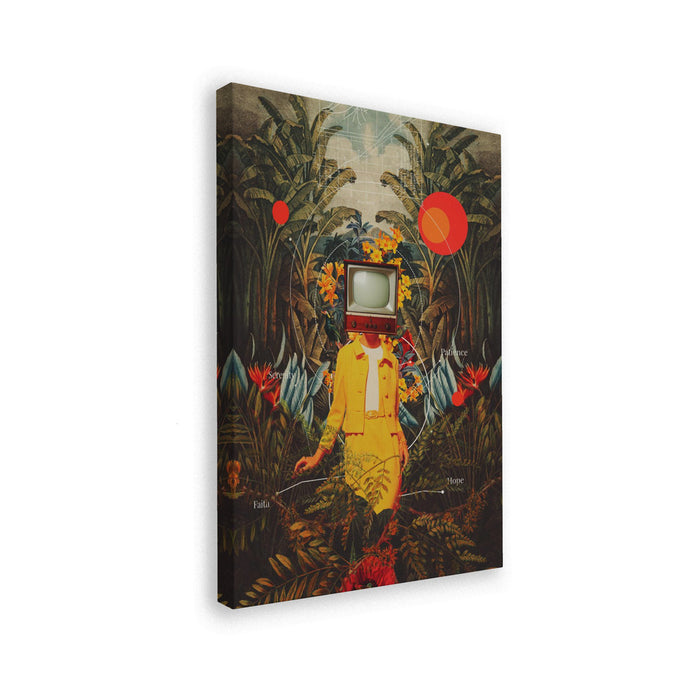 Surreal artwork of a woman with a TV for a head in a lush jungle, from "She Came From the Wilderness" by Frank Moth.