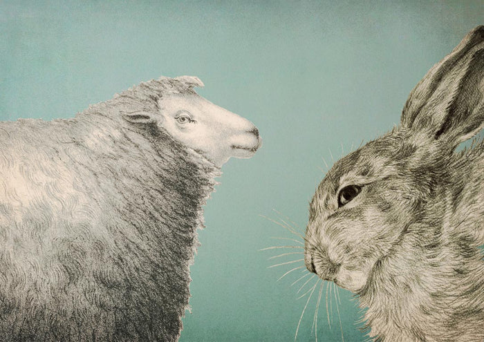 Landscape poster of an engraved sheep and hare facing each other against a flat turquoise background.