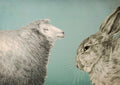 Landscape poster of an engraved sheep and hare facing each other against a flat turquoise background.